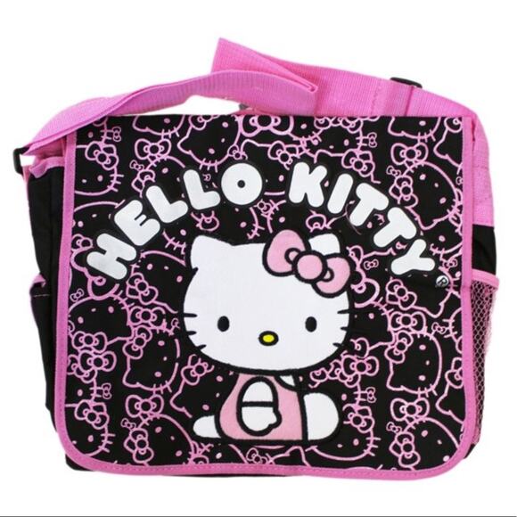Sanrio Handbags - Sanrio's Hello Kitty Face and Bow Pattern Black/Pink Messenger Bag